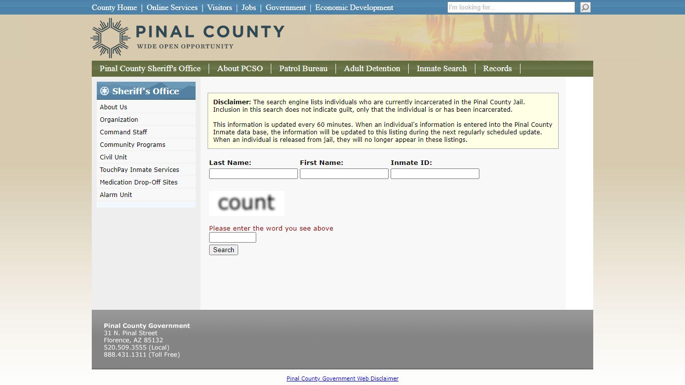 Search Inmates - Pinal County, Arizona